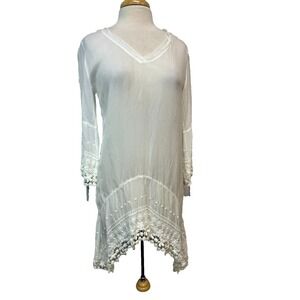 Johnny Was Tunic Top White Semi Sheer Lace & Embroidery Trim V-Neck SZ S